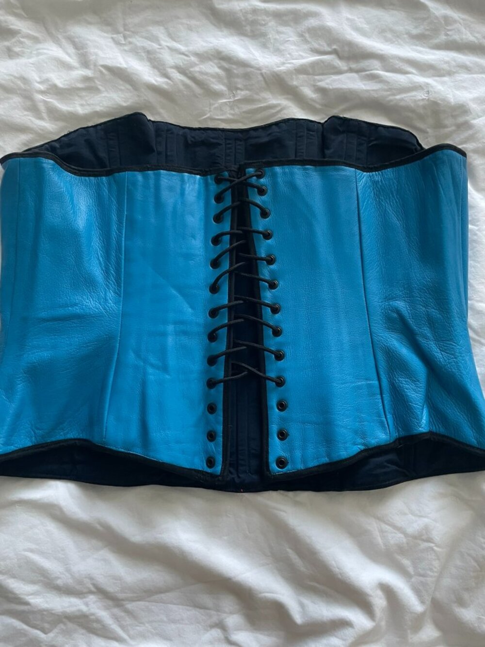 Custom Blue Leather Corset – True Back Lacing – Structured Boning – Handmade
